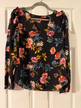 LOFT Black Floral V-Neck Long Sleeve Blouse with Pink & Yellow Blooms